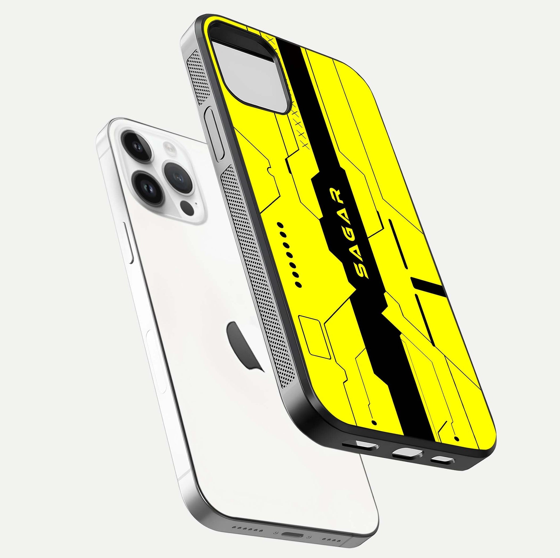 Circuit CYBERPUNK Custom Name Glass Case for iPhone 14 Pro floating mockup capturing glow effects and polished shine
