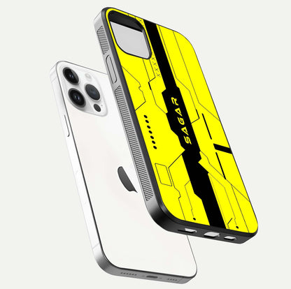 Circuit CYBERPUNK Custom Name Glass Case for iPhone 14 Pro floating mockup capturing glow effects and polished shine