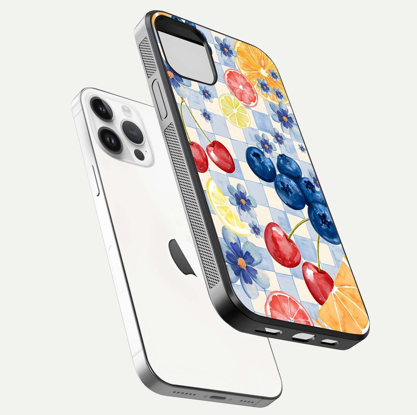 Citrus Bloom Joy Glass Case for iPhone 14 Pro floating mockup showing HD gloss and lively tone