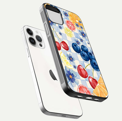 Citrus Bloom Joy Glass Case for iPhone 14 Pro floating mockup showing HD gloss and lively tone