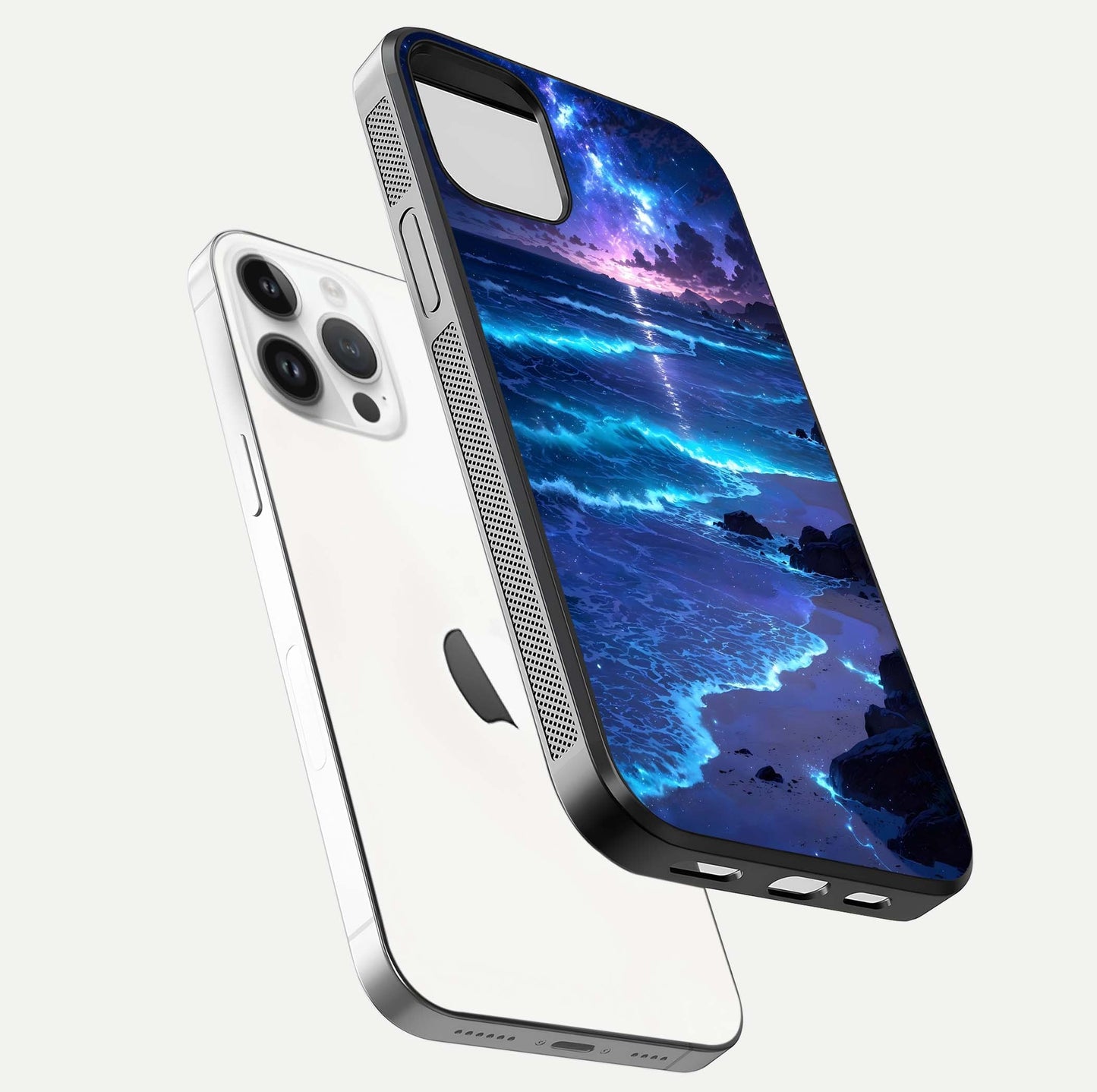 Classic Damn Look Glass Case for iPhone 14 Pro floating mockup emphasizing HD gloss and stylish edges