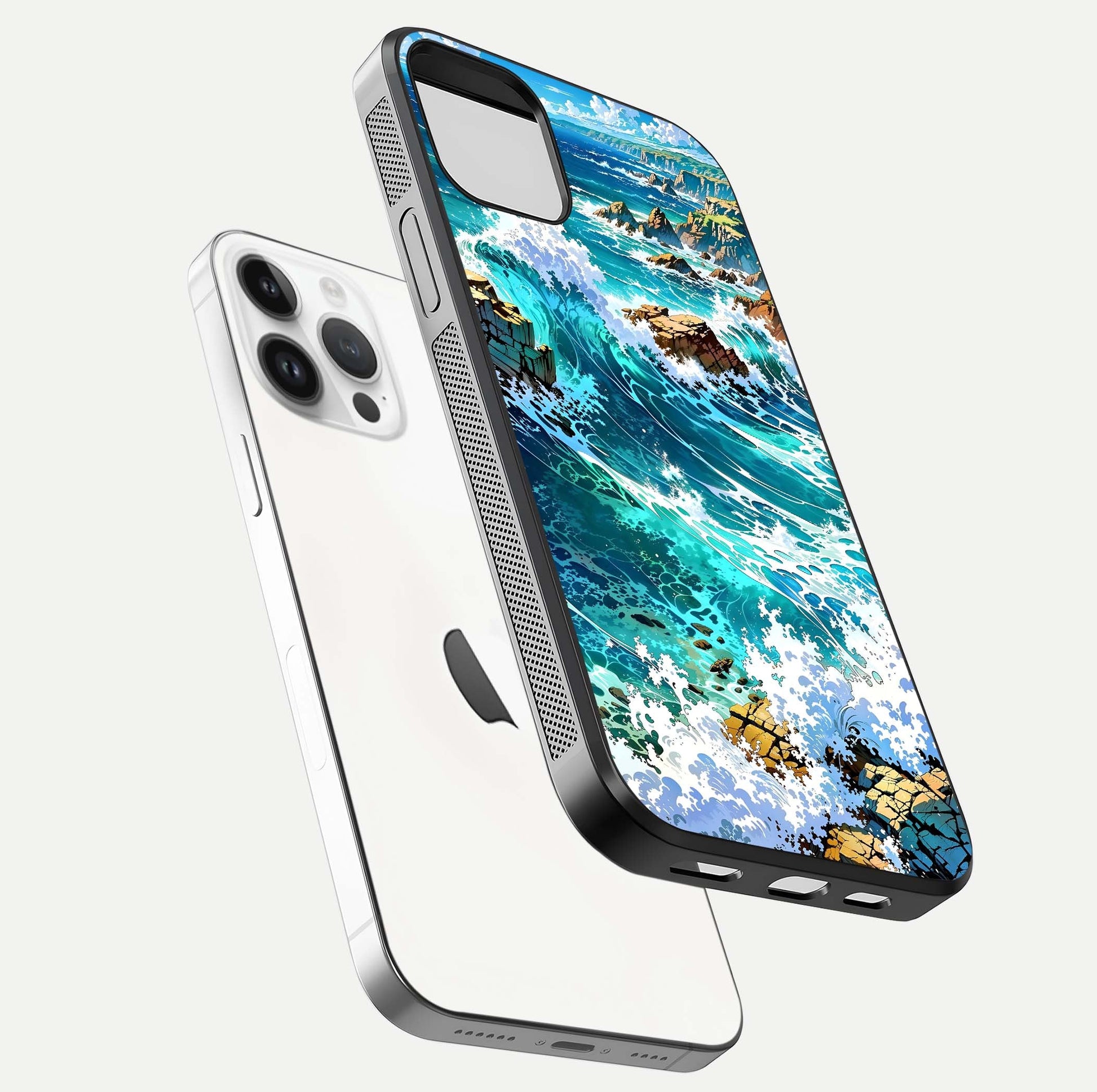 Coastal Blue Waves Glass Case for iPhone 14 Pro floating mockup showing HD reflection and wave details