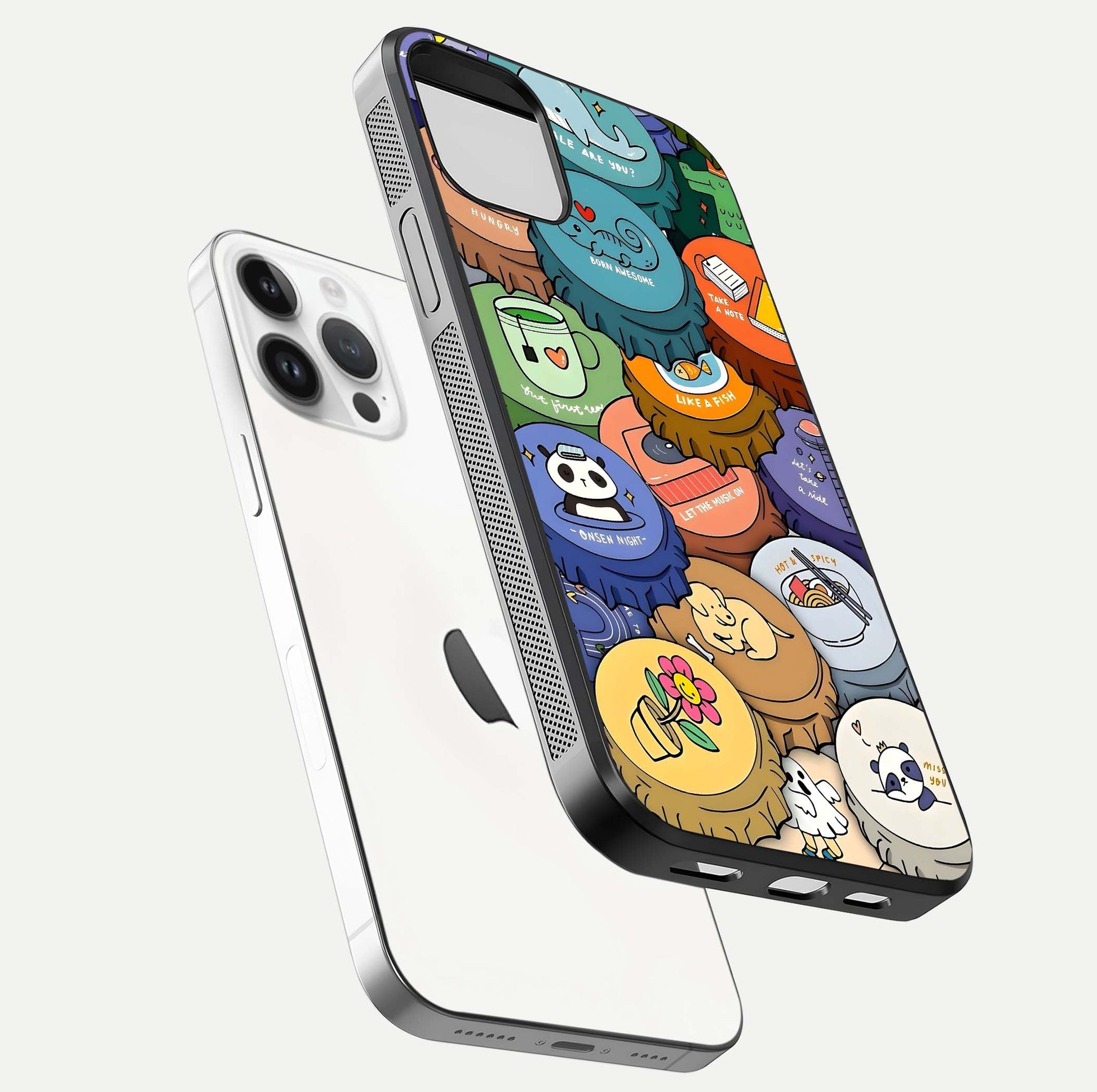 Coins Patterns Glass Case for iPhone 14 Pro floating mockup showing reflection depth and smooth tone