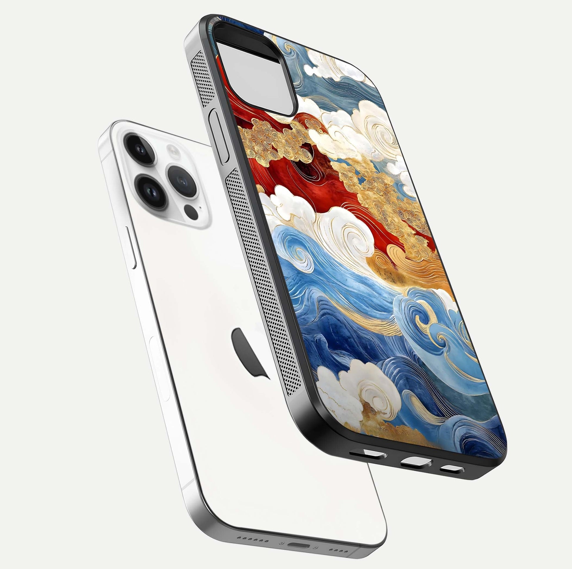 Colored Waves Glass Case for iPhone 14 Pro floating dual-view mockup displaying gloss finish and color contrast