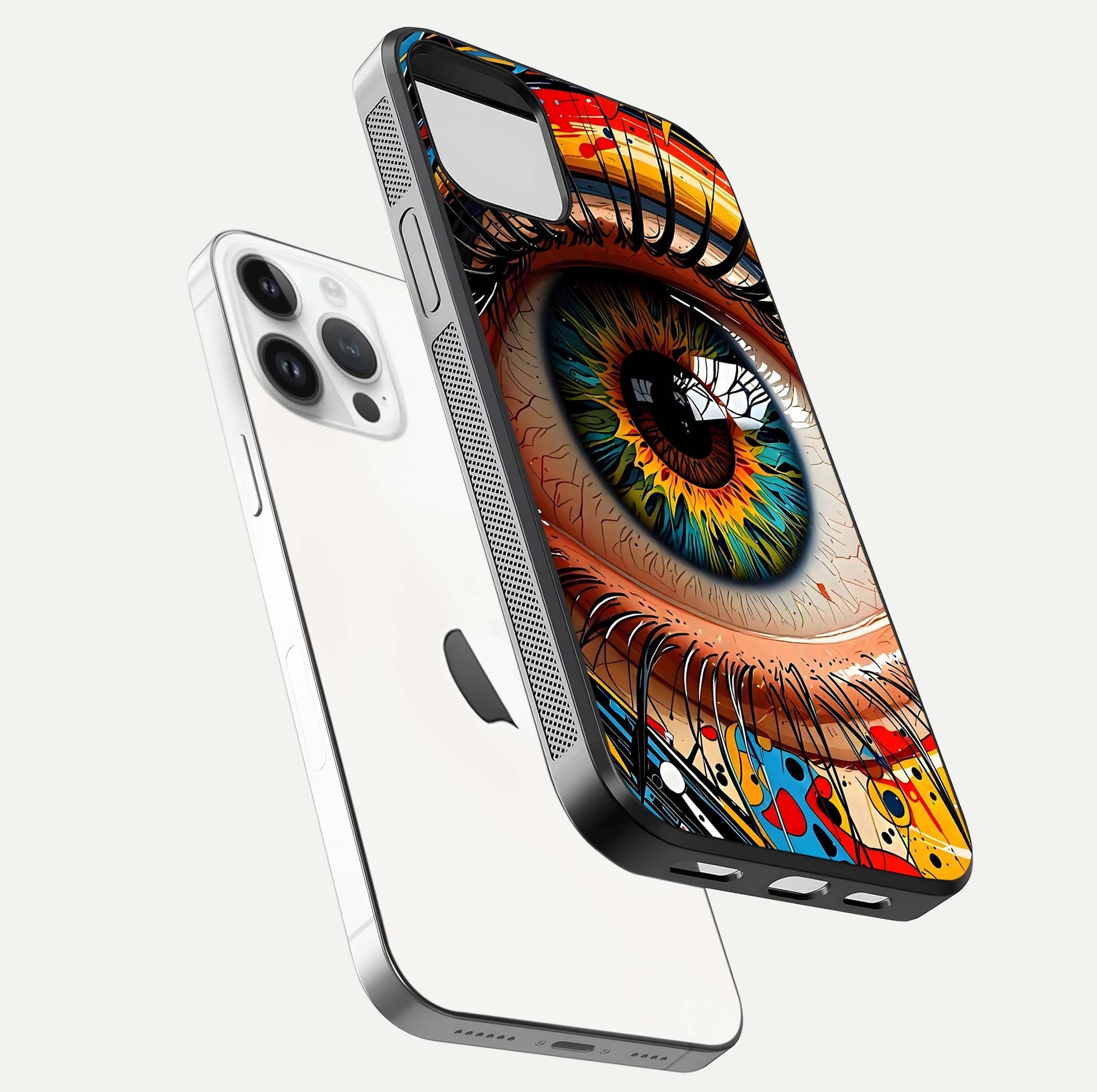 Colorful Eye Glass Case for iPhone 14 Pro floating mockup showing bright contrast and gloss clarity