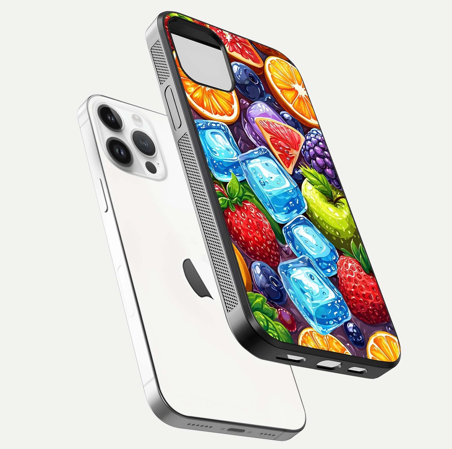 Colorful Fruits with Ice Glass Case for iPhone 14 Pro floating mockup showing bright shine and crystal clarity
