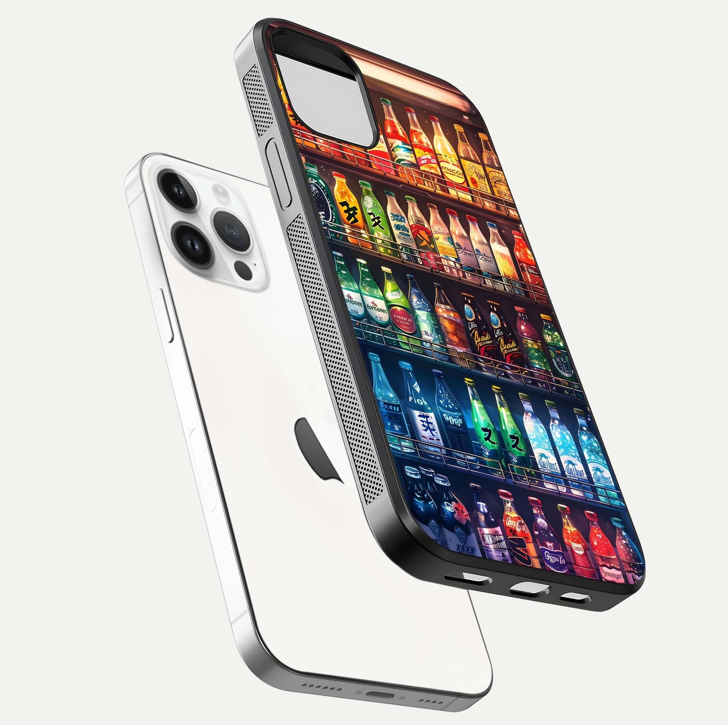 Colorful Soda Bottles Glass Case for iPhone 14 Pro floating mockup showing light reflection and bright gloss