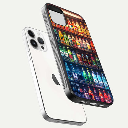 Colorful Soda Bottles Glass Case for iPhone 14 Pro floating mockup showing light reflection and bright gloss
