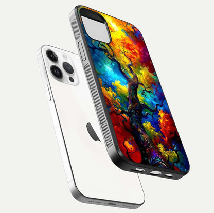 Colorful Tree Glass Case for iPhone 14 Pro floating mockup showing reflection gloss and vivid hues