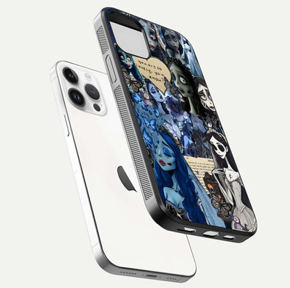 Corpse Bride Posters Glass Case for iPhone 14 Pro floating mockup showing shine texture and clear design