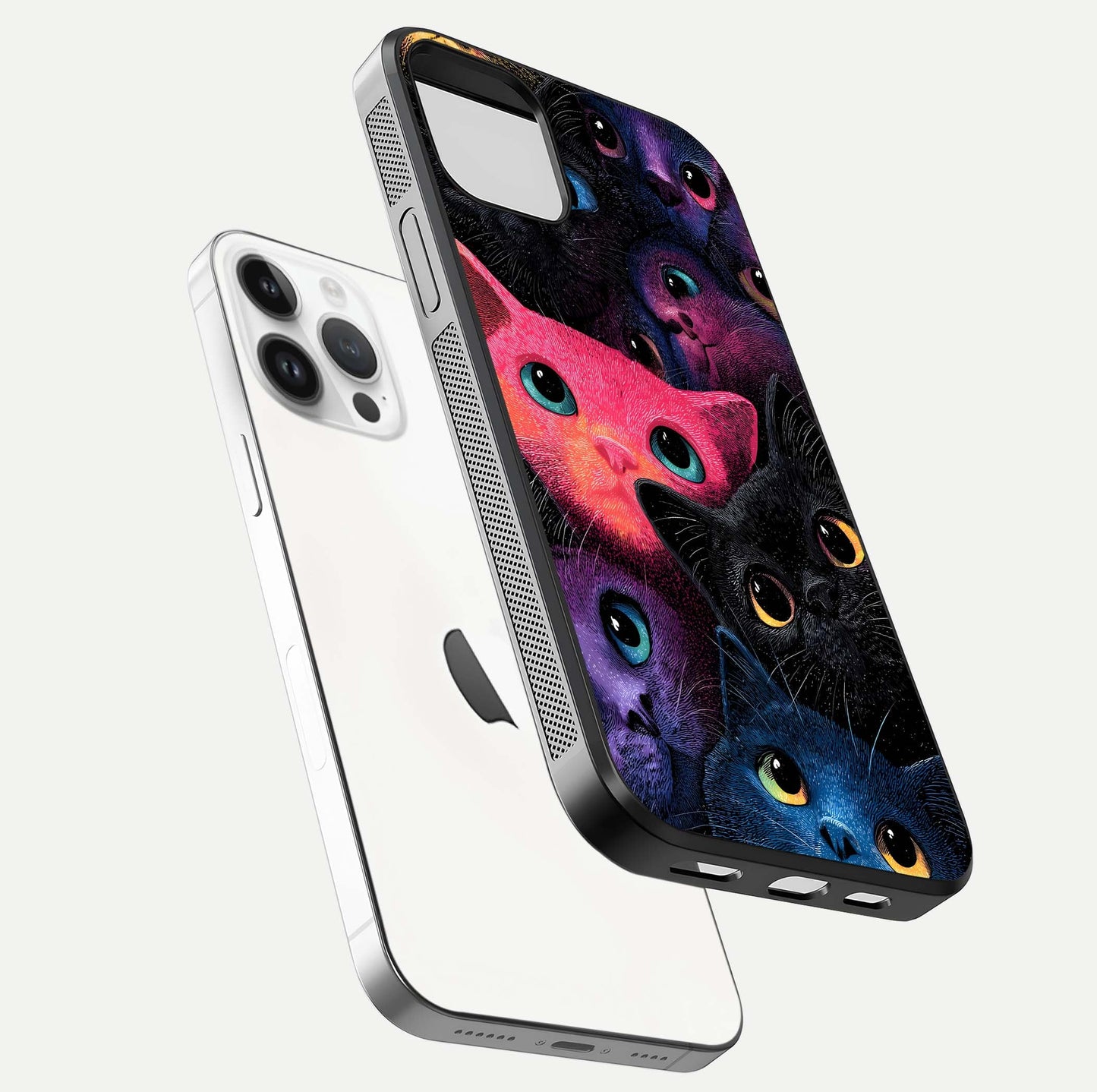 Cosmic Cats Dreams Glass Case for iPhone 14 Pro floating mockup showing star details and polish reflection