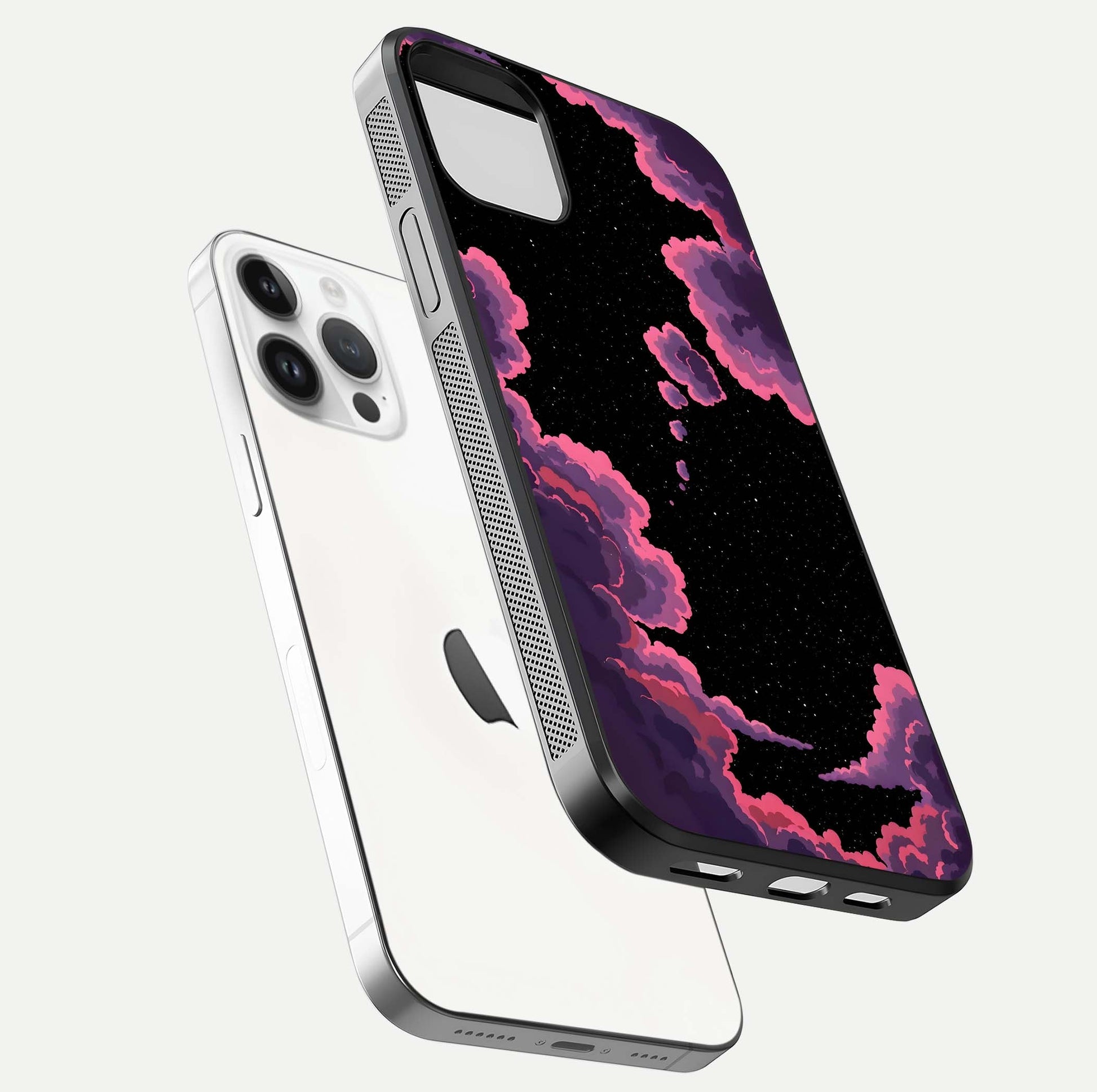 Cosmic Cloud Journey Glass Case for iPhone 14 Pro floating mockup showing HD gloss and cosmic gradient