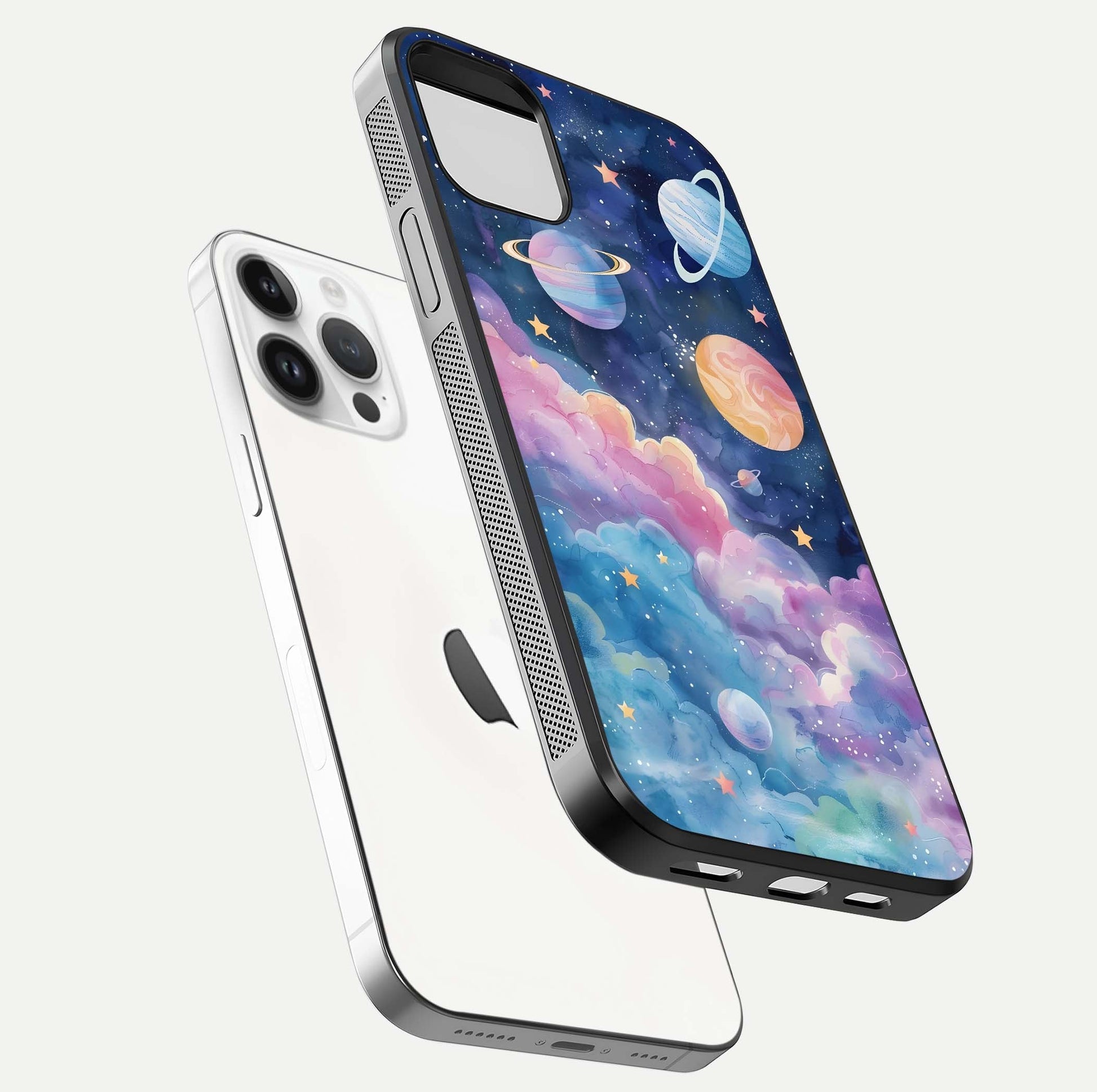Cosmic Planet Dreams Glass Case for iPhone 14 Pro floating mockup showing HD gloss and cosmic reflection