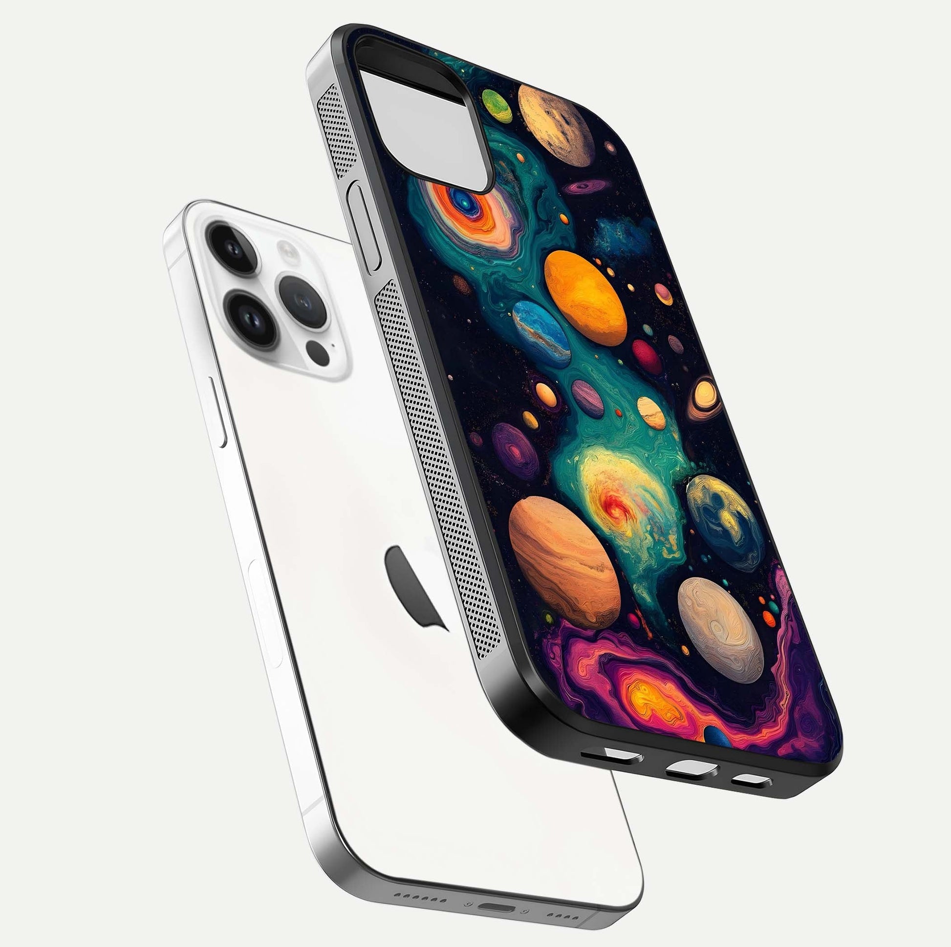 Cosmic Planet Journey Glass Case for iPhone 14 Pro floating mockup showing gloss gradient and deep shine