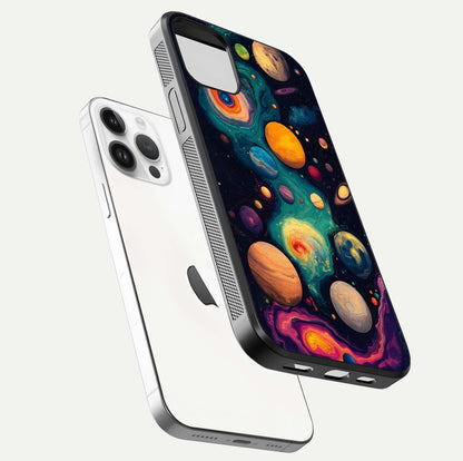 Cosmic Planet Journey Glass Case for iPhone 14 Pro floating mockup showing gloss gradient and deep shine