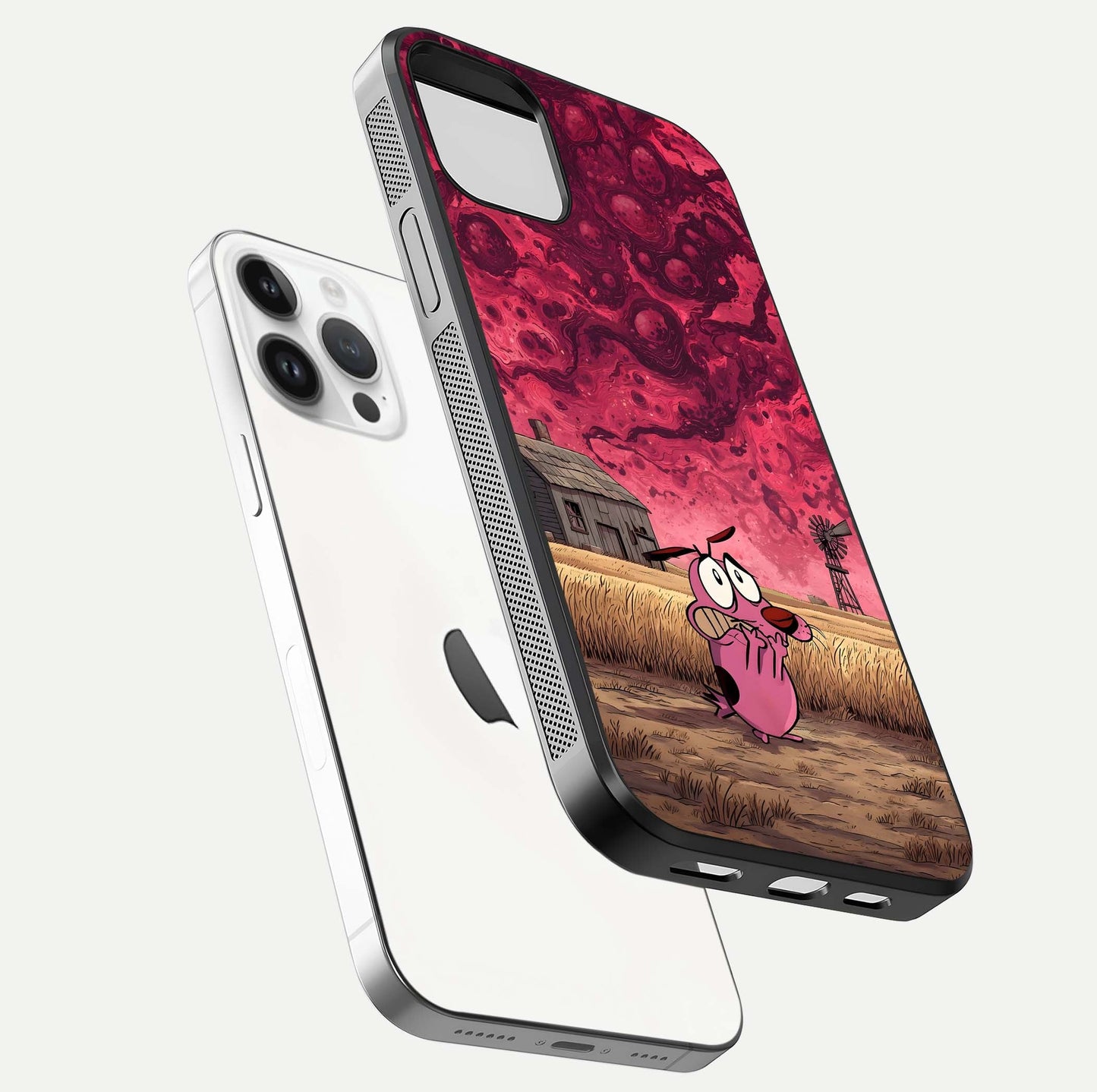 Courage Under Sky Glass Case for iPhone 14 Pro floating mockup showing shine reflection and clean edges