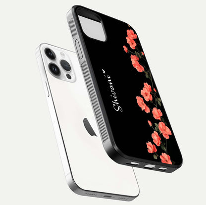 Crimson Bloom Grace Custom Name Glass Case for iPhone 14 Pro floating mockup showing HD gloss and floral tones