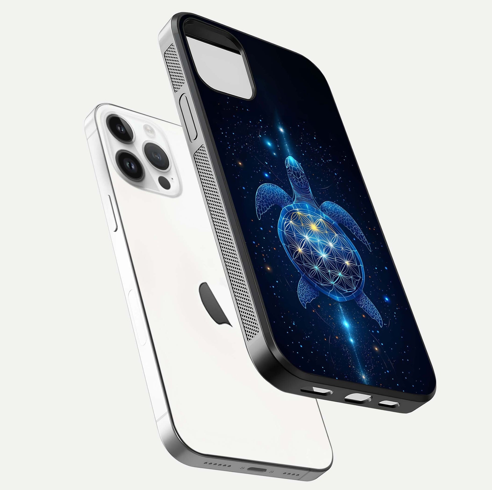Crimson Blue Turtle Glass Case for iPhone 14 Pro floating mockup showing reflection polish and deep hues