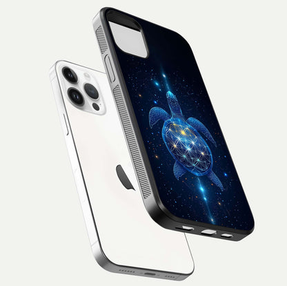 Crimson Blue Turtle Glass Case for iPhone 14 Pro floating mockup showing reflection polish and deep hues