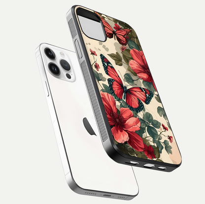 Crimson Butterfly Garden Glass Case for iPhone 14 Pro floating mockup showing HD gloss and vivid art
