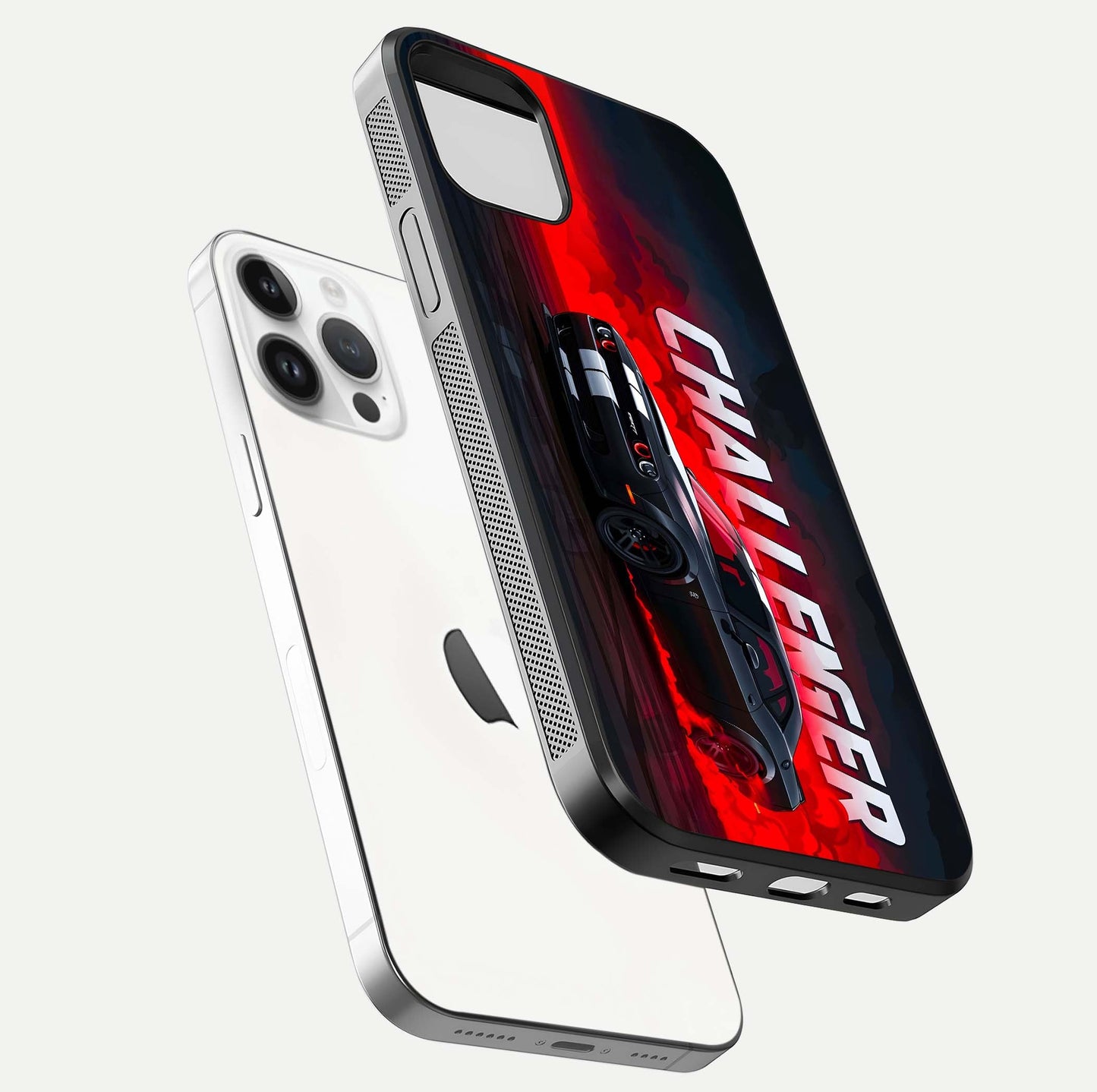Crimson Challenger Fury Glass Case for iPhone 14 Pro floating mockup showing HD gloss and sleek shine