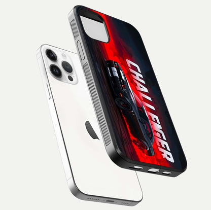 Crimson Challenger Fury Glass Case for iPhone 14 Pro floating mockup showing HD gloss and sleek shine