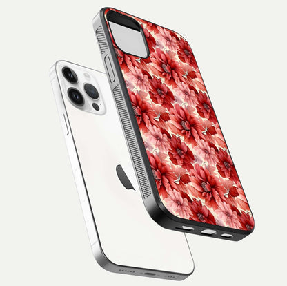 Crimson Love Petals Glass Case for iPhone 14 Pro floating mockup showing HD gloss and vivid detail