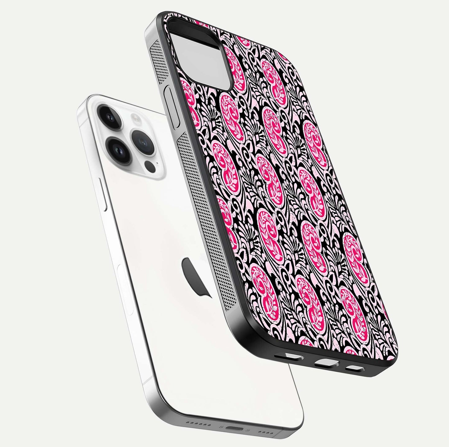 Crimson Paisley Charm Glass Case for iPhone 14 Pro floating mockup showing gloss shine and texture clarity