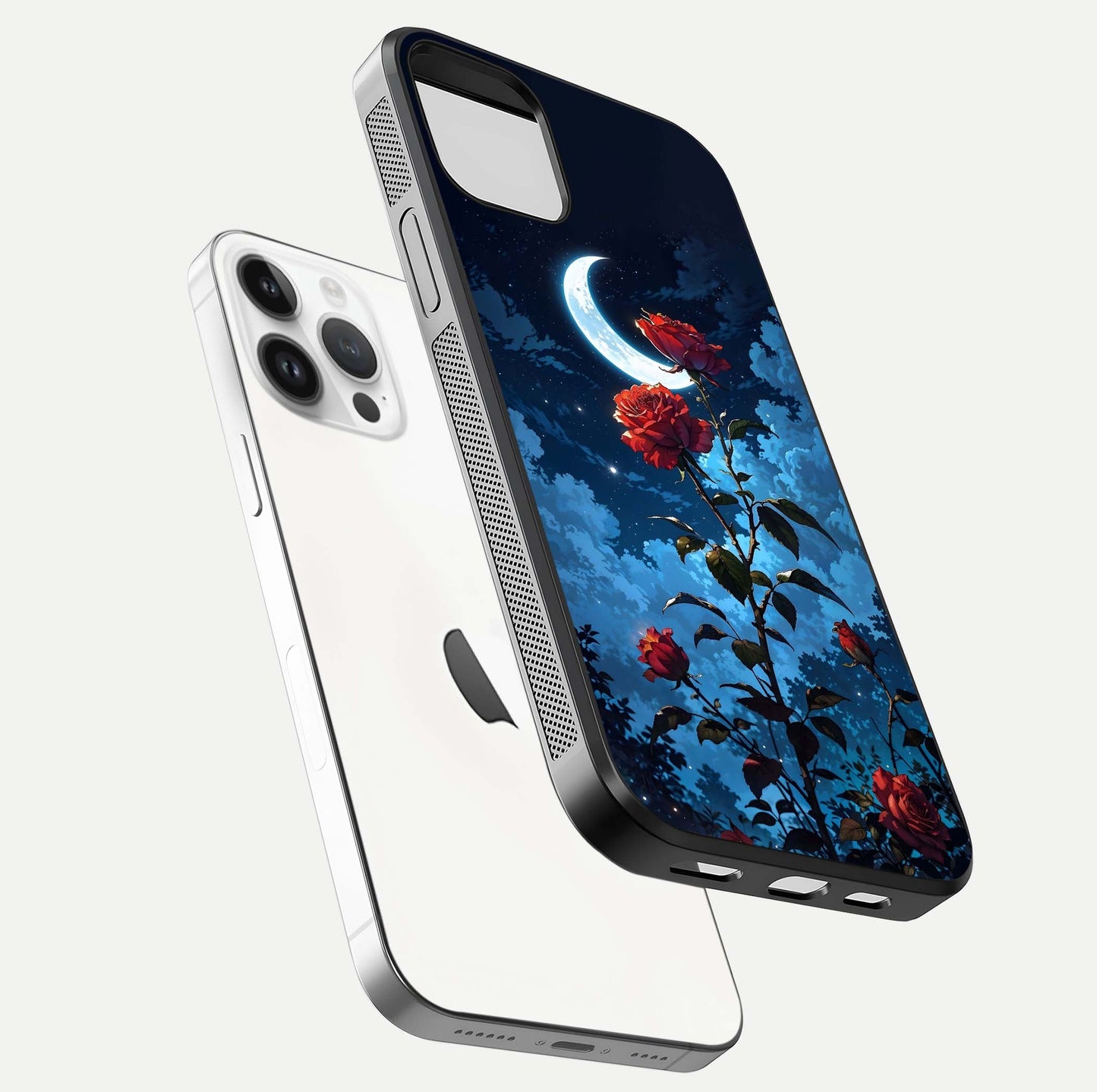 Crimson Rose Moon Glass Case for iPhone 14 Pro floating mockup showing HD shine and elegant contrast