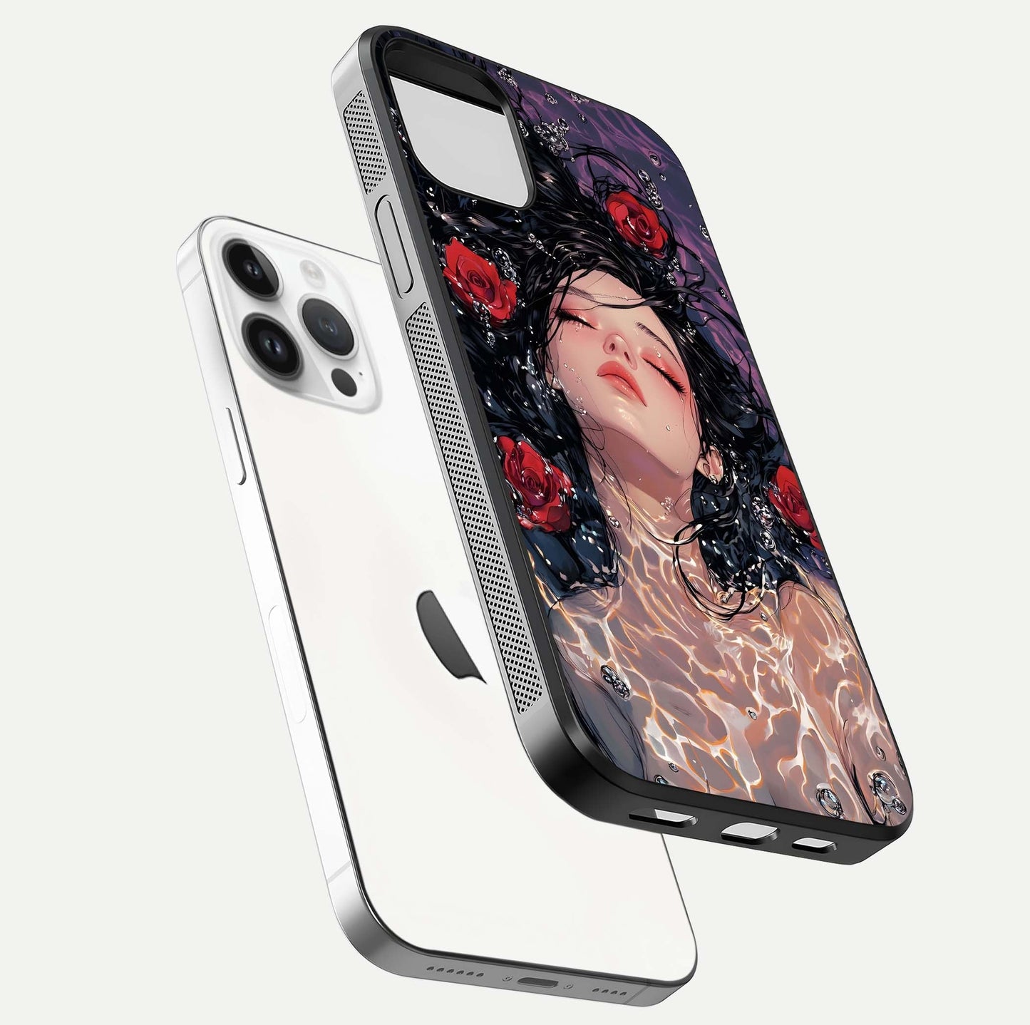 Crimson Rose Serenity Glass Case for iPhone 14 Pro floating mockup showing HD gloss and floral texture