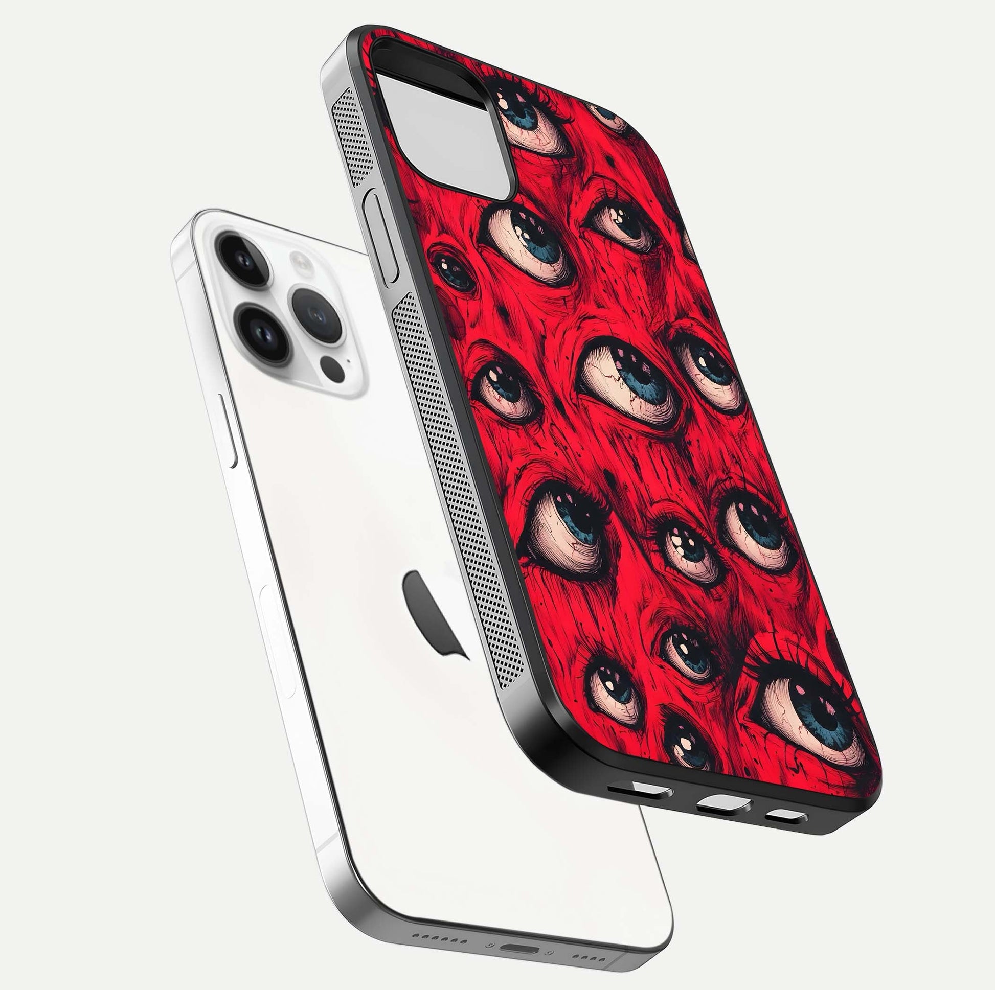 Crimson Watch Eyes Glass Case for iPhone 14 Pro floating mockup showing HD polish and bright gloss