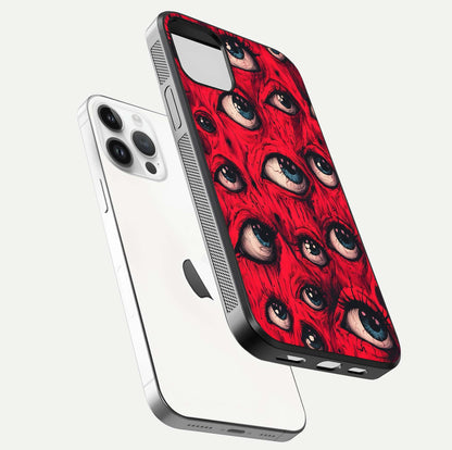 Crimson Watch Eyes Glass Case for iPhone 14 Pro floating mockup showing HD polish and bright gloss