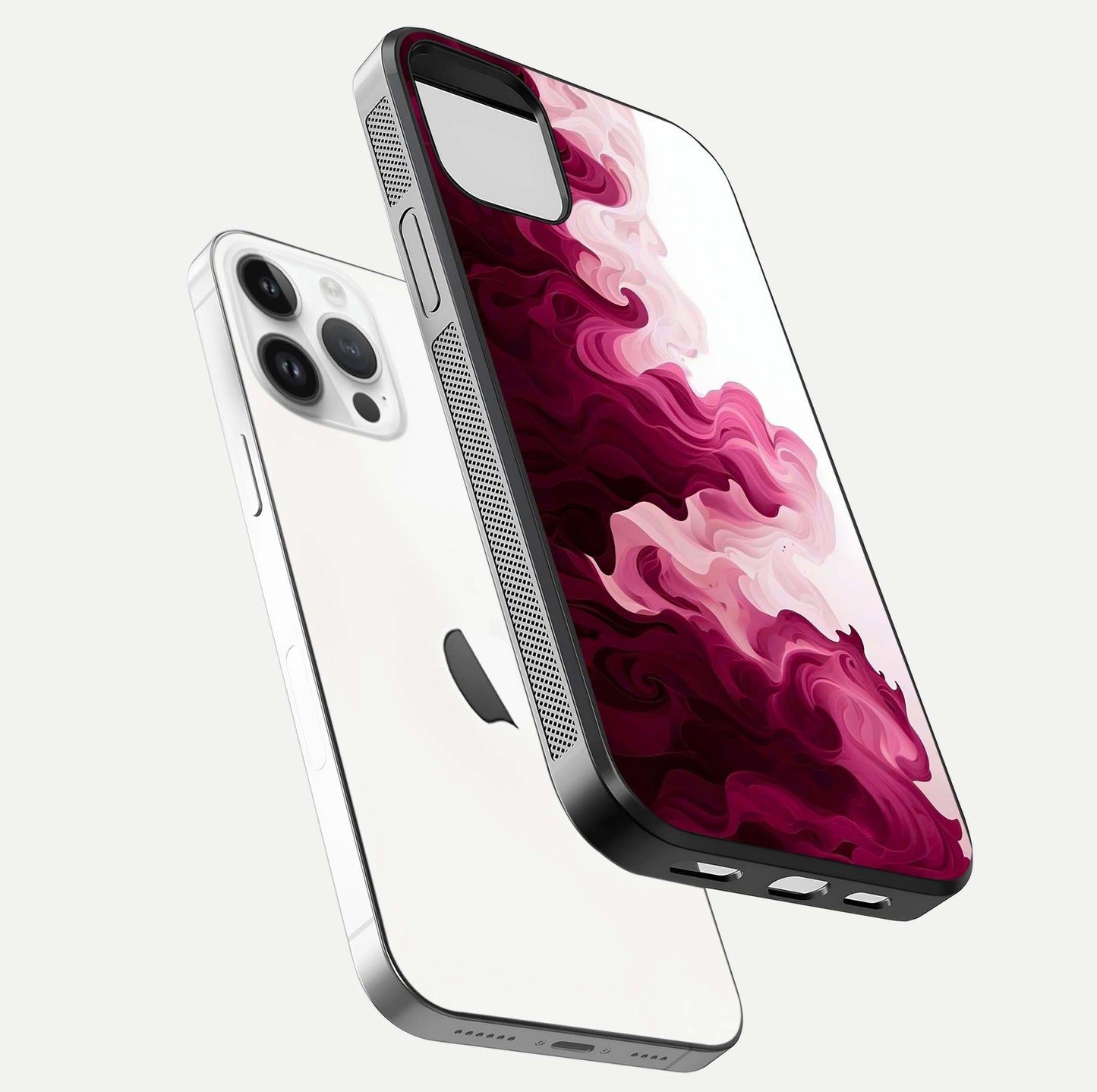 Crimson Wave Flow Glass Case for iPhone 14 Pro floating mockup showing gloss shine and smooth edge