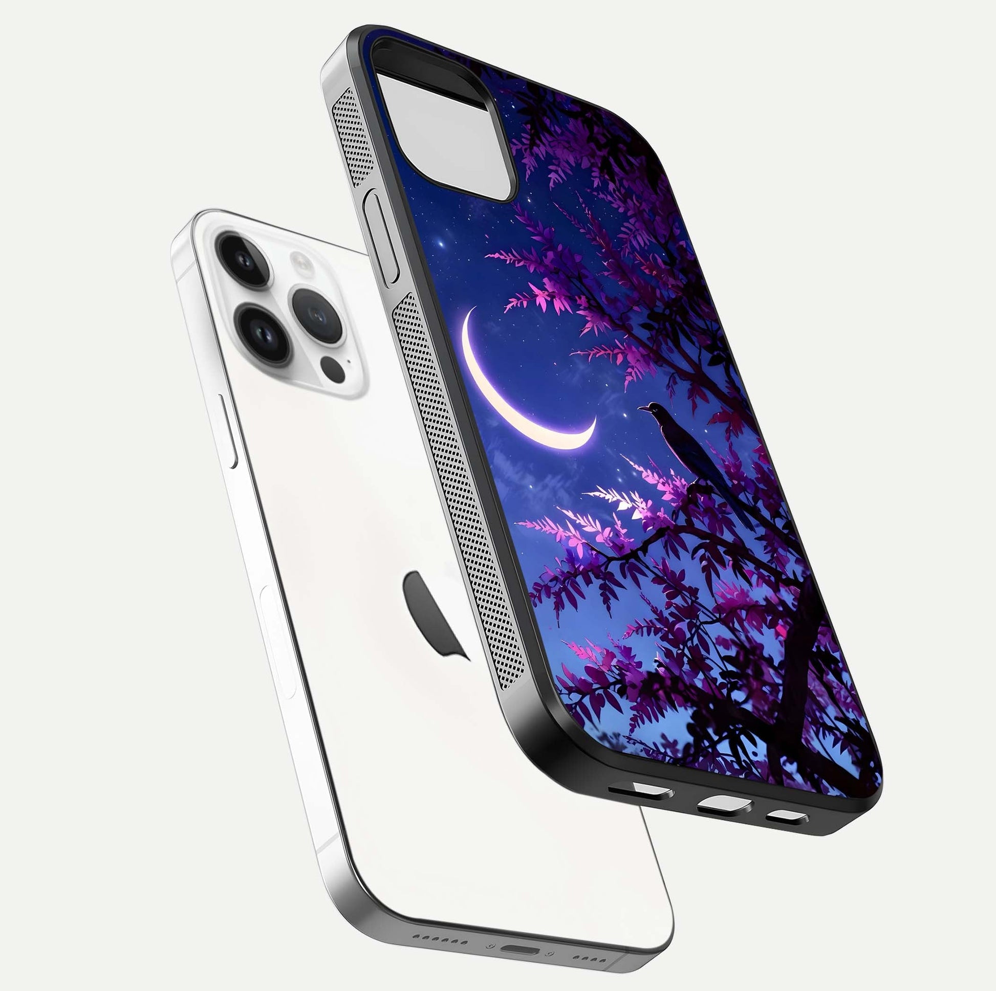 Crow & Moon Scenery Glass Case for iPhone 14 Pro floating mockup showing HD gloss texture and soft moonlight glow