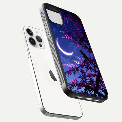 Crow & Moon Scenery Glass Case for iPhone 14 Pro floating mockup showing HD gloss texture and soft moonlight glow