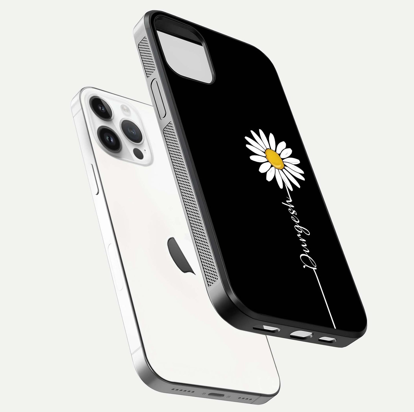 Custom Name White Flower Glass Case for iPhone 14 Pro floating mockup displaying HD gloss and delicate texture