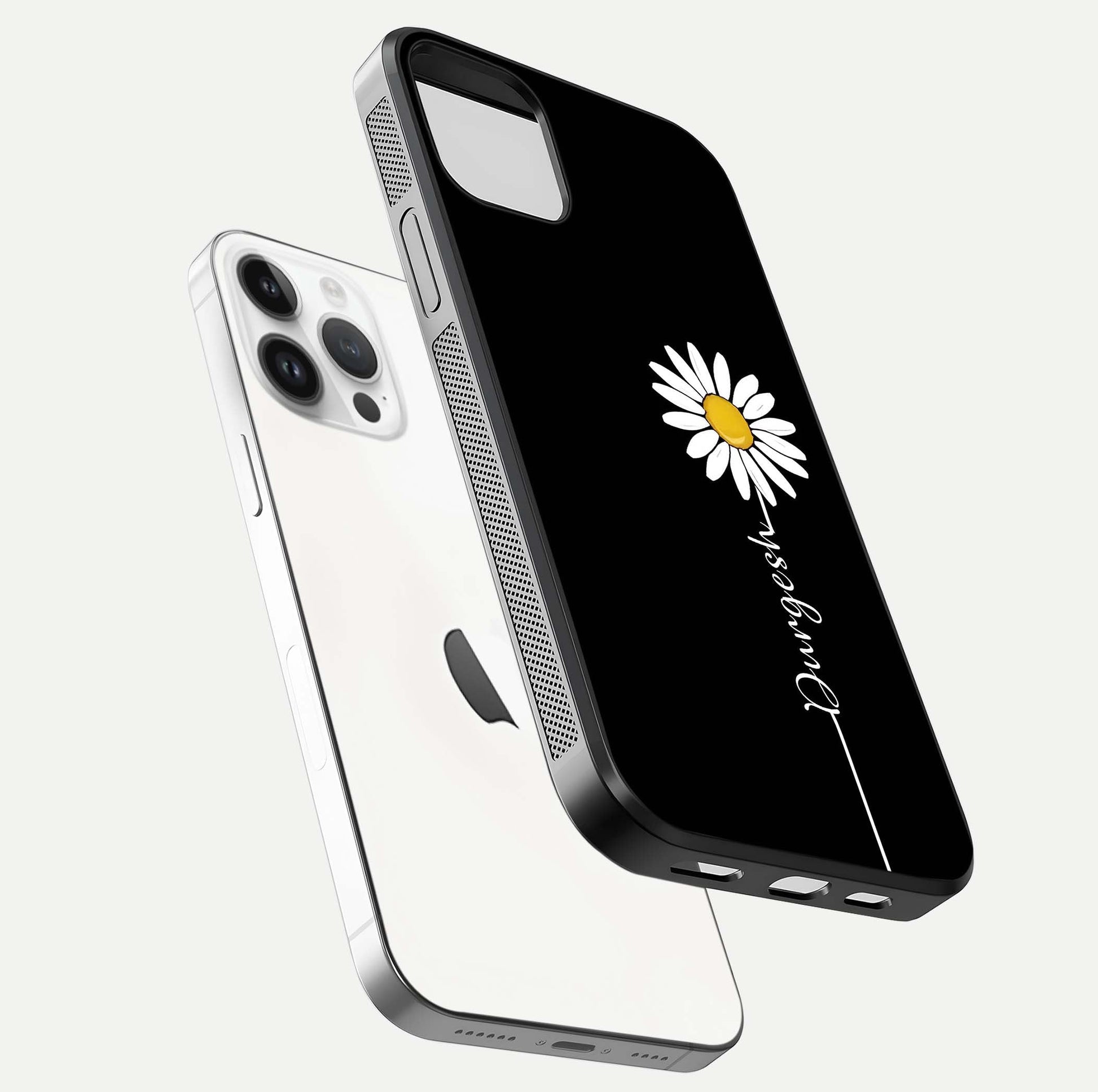 Custom Name White Flower Glass Case for iPhone 14 Pro floating mockup displaying HD gloss and delicate texture