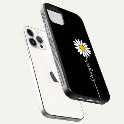 Custom Name White Flower Glass Case for iPhone 14 Pro floating mockup displaying HD gloss and delicate texture