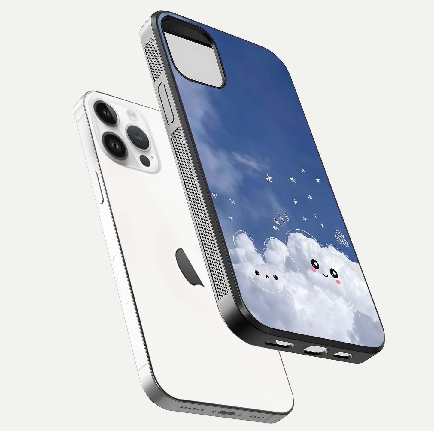 Cute Blossom Cloud Glass Case for iPhone 14 Pro floating mockup showing HD shine and soft gradient finish