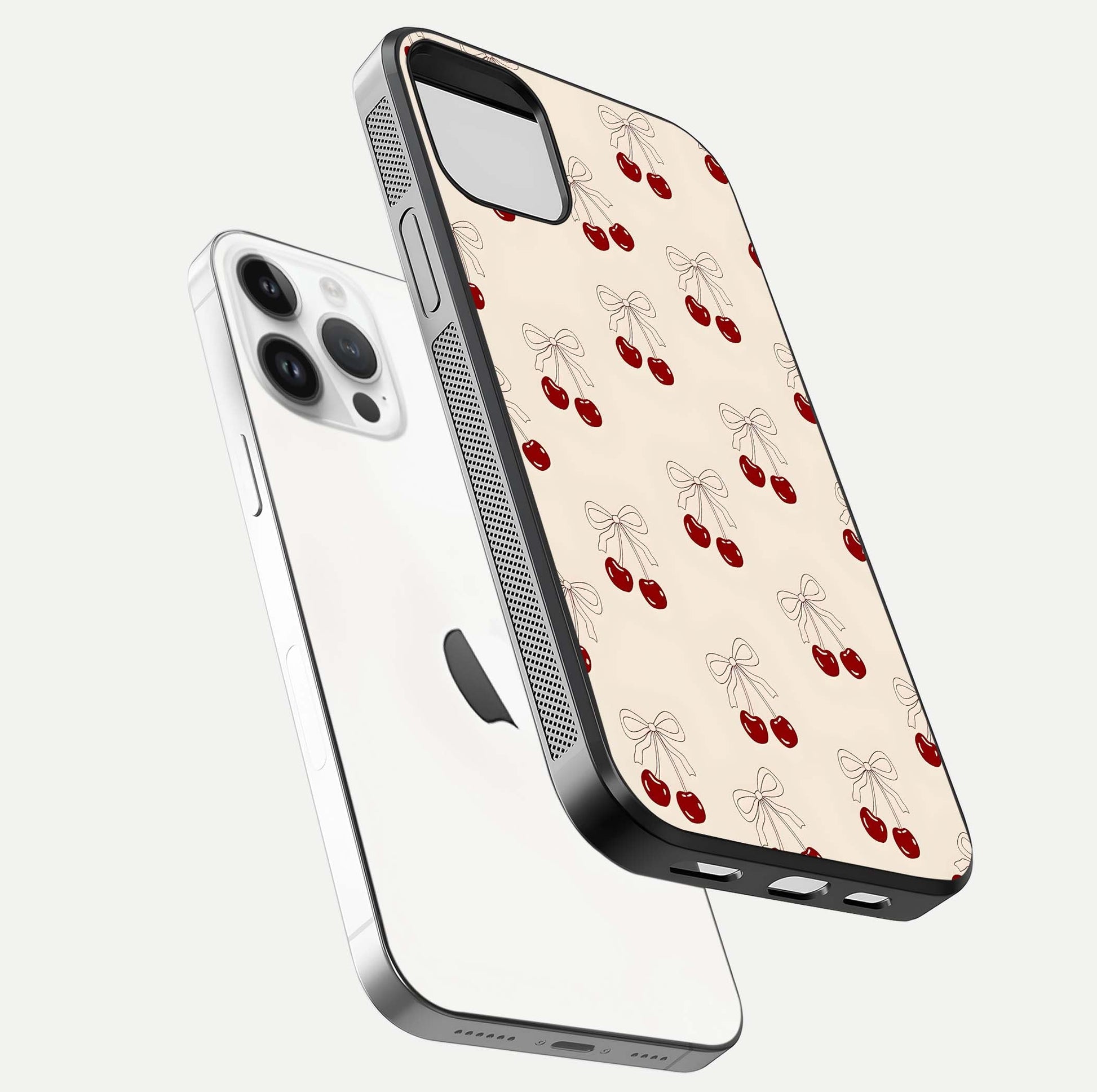 Cute Cherry Pattern Glass Case for iPhone 14 Pro floating mockup showing HD gloss shine and clear tones