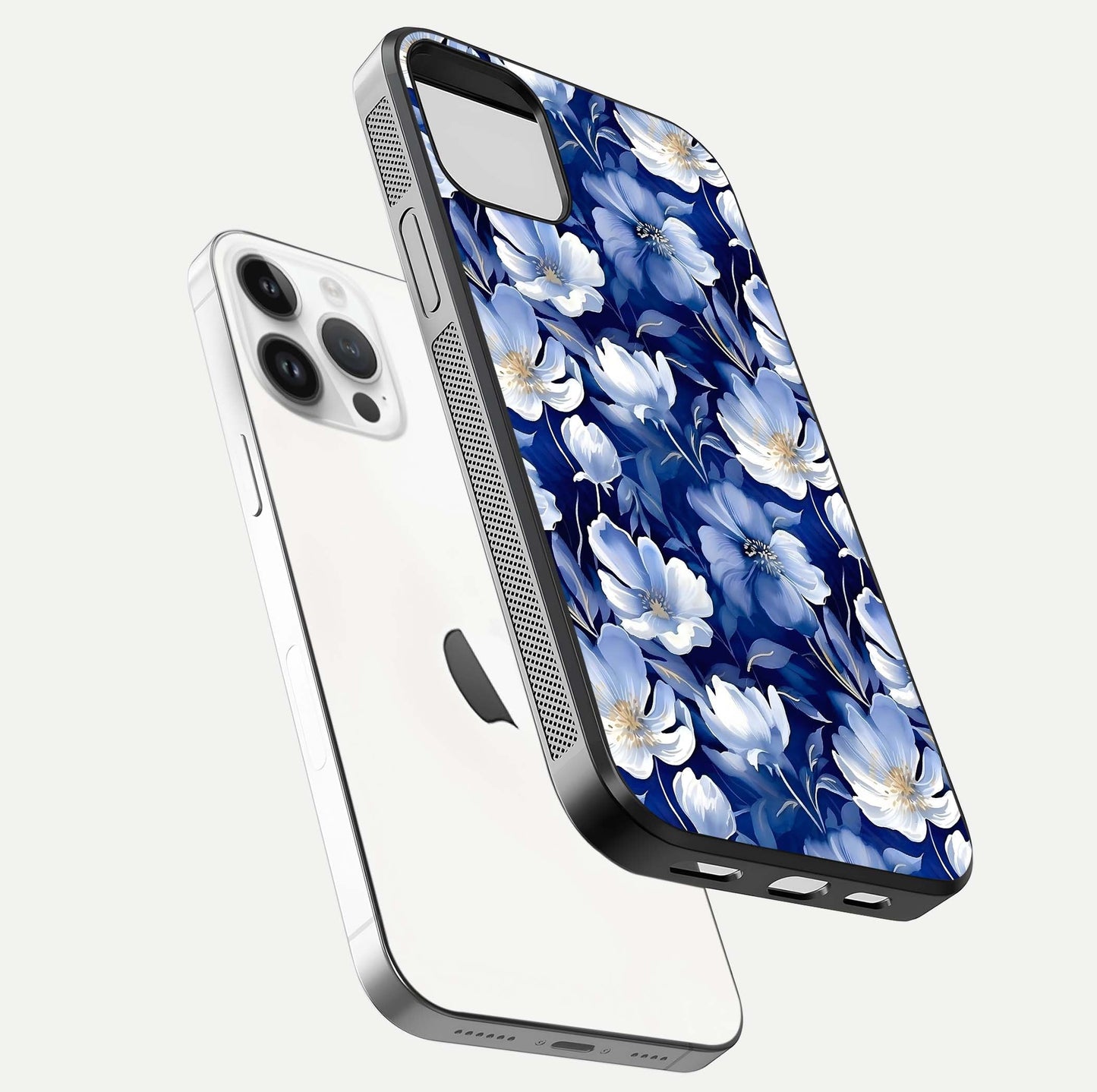 Cute Floral Patterns Glass Case for iPhone 14 Pro floating mockup showing shine depth and design clarity