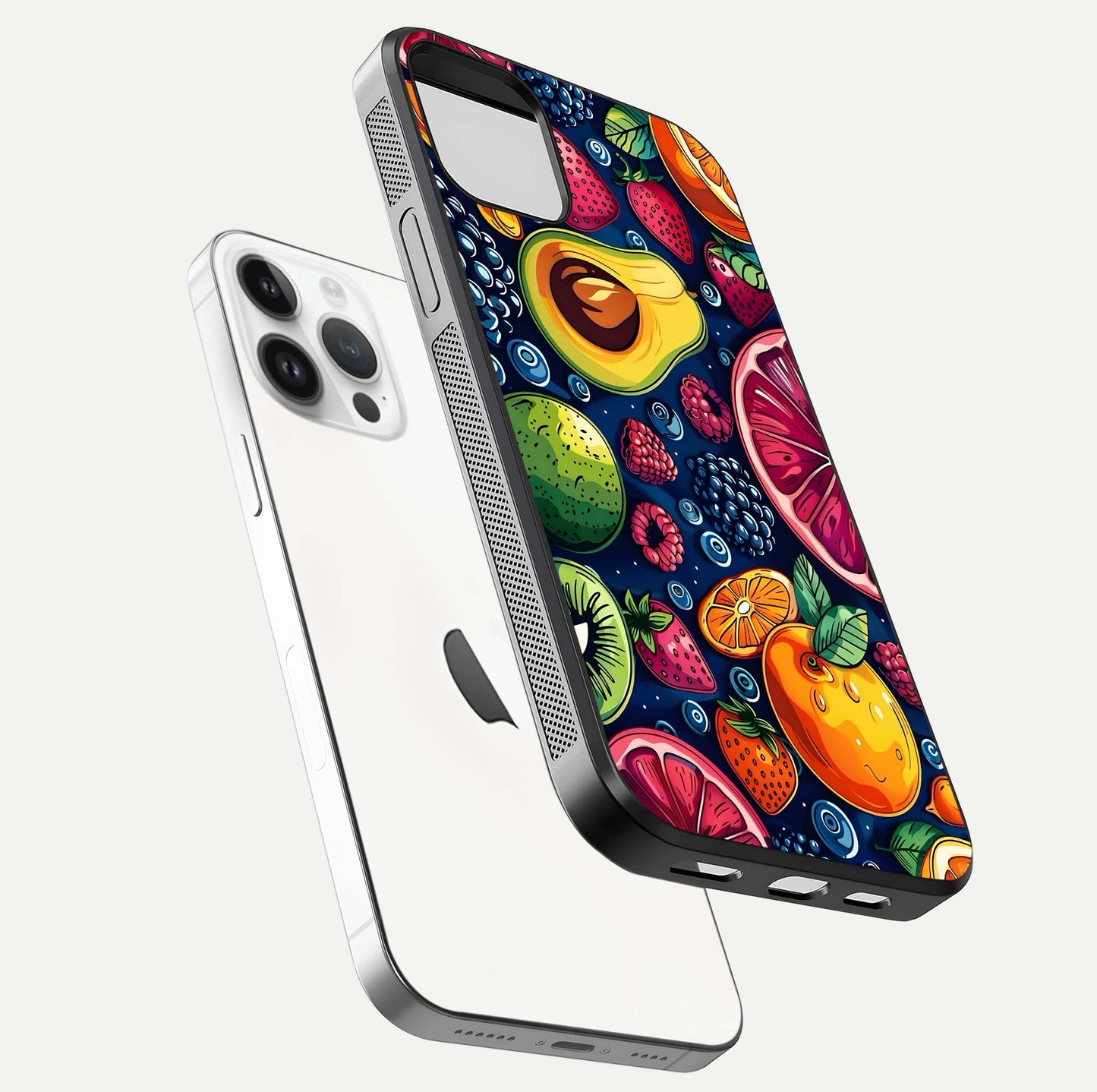 Cute Fruits Art Glass Case for iPhone 14 Pro floating mockup showing gloss brightness and vivid artwork
