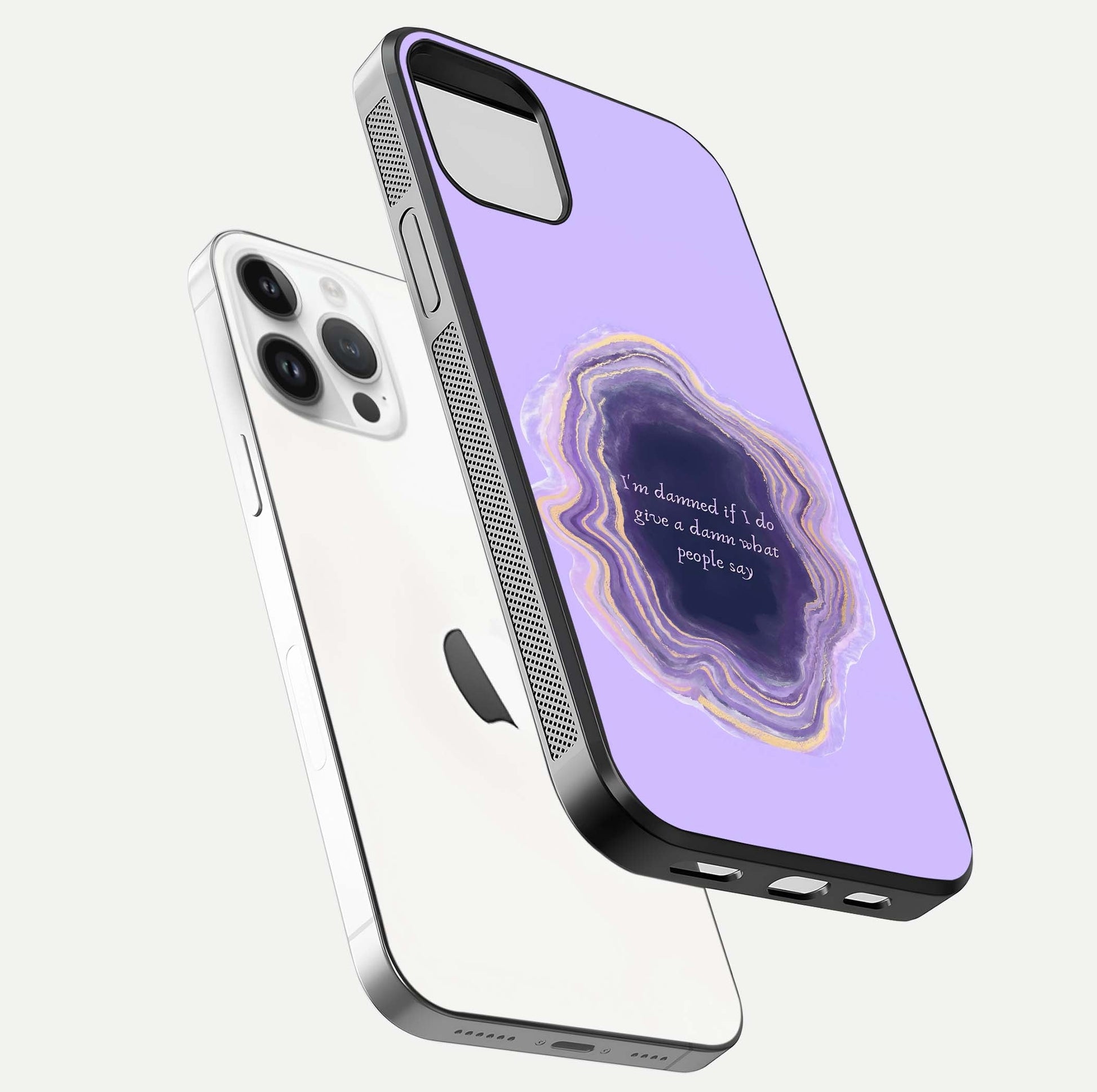 Damned People Quote Glass Case for iPhone 14 Pro floating mockup showing gloss reflection and text balance