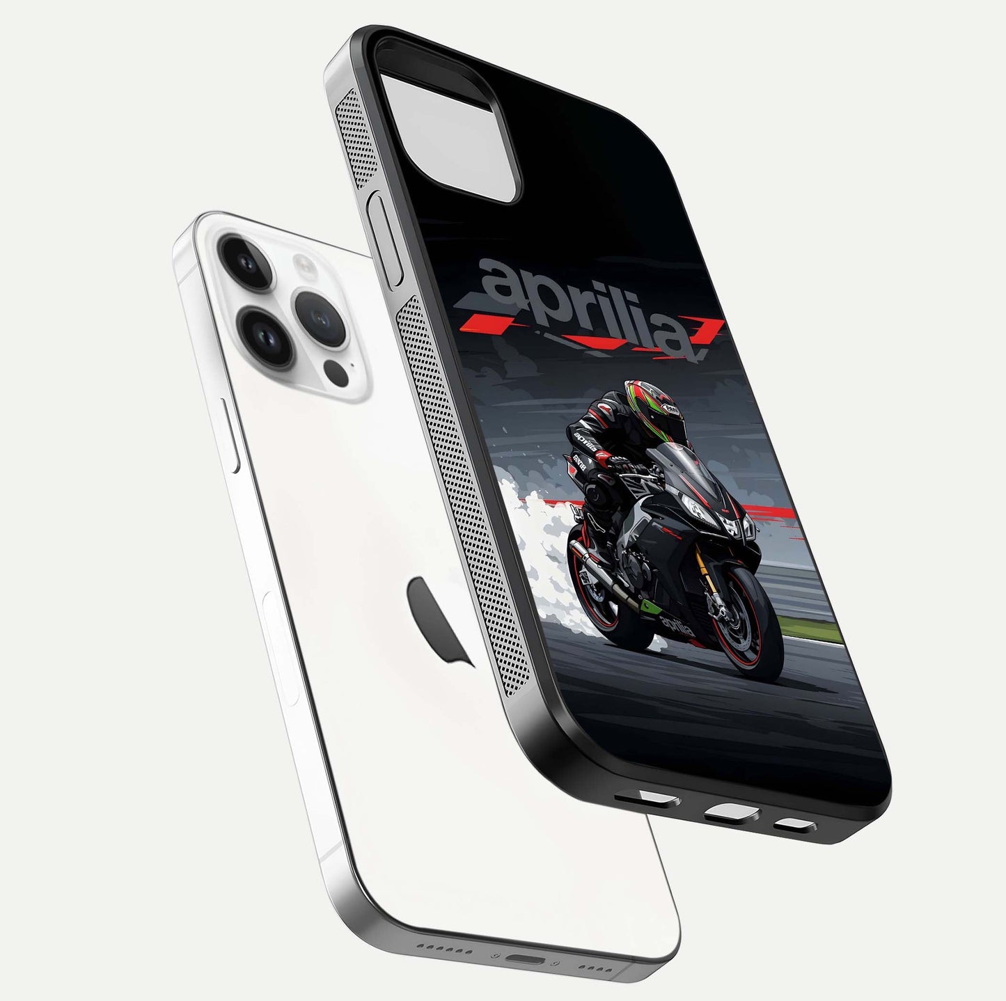 Dark Aprilla Glass Case for iPhone 14 Pro floating mockup showing glossy contrast and texture clarity