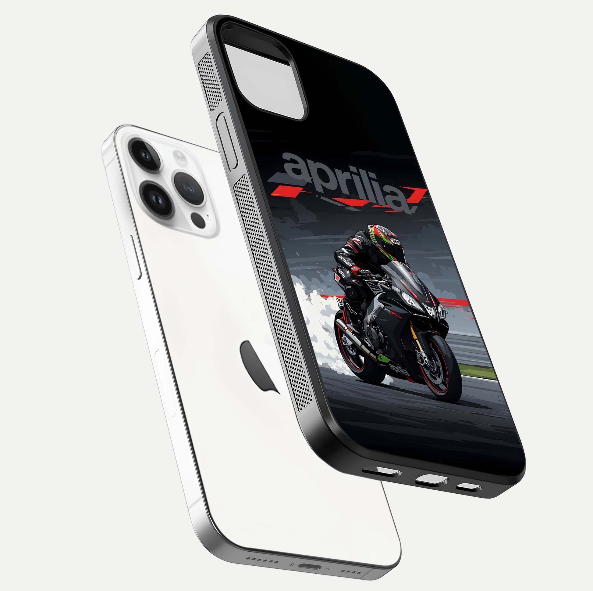 Dark Aprilla Glass Case for iPhone 14 Pro floating mockup showing glossy contrast and texture clarity