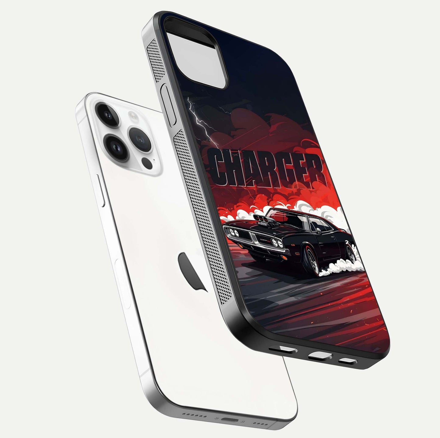 Dark Charger Fury Glass Case for iPhone 14 Pro floating mockup showing reflection depth and shiny surface