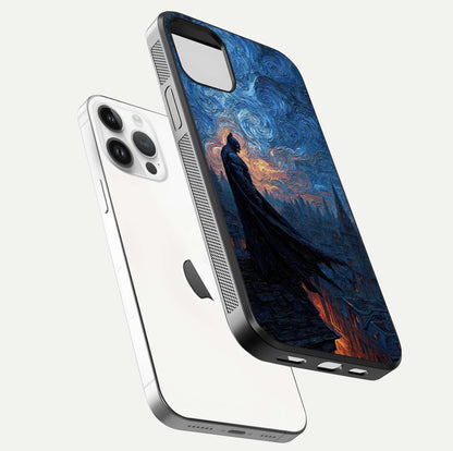 Dark Knight Dusk Glass Case for iPhone 14 Pro floating mockup showing glossy depth and cinematic lighting