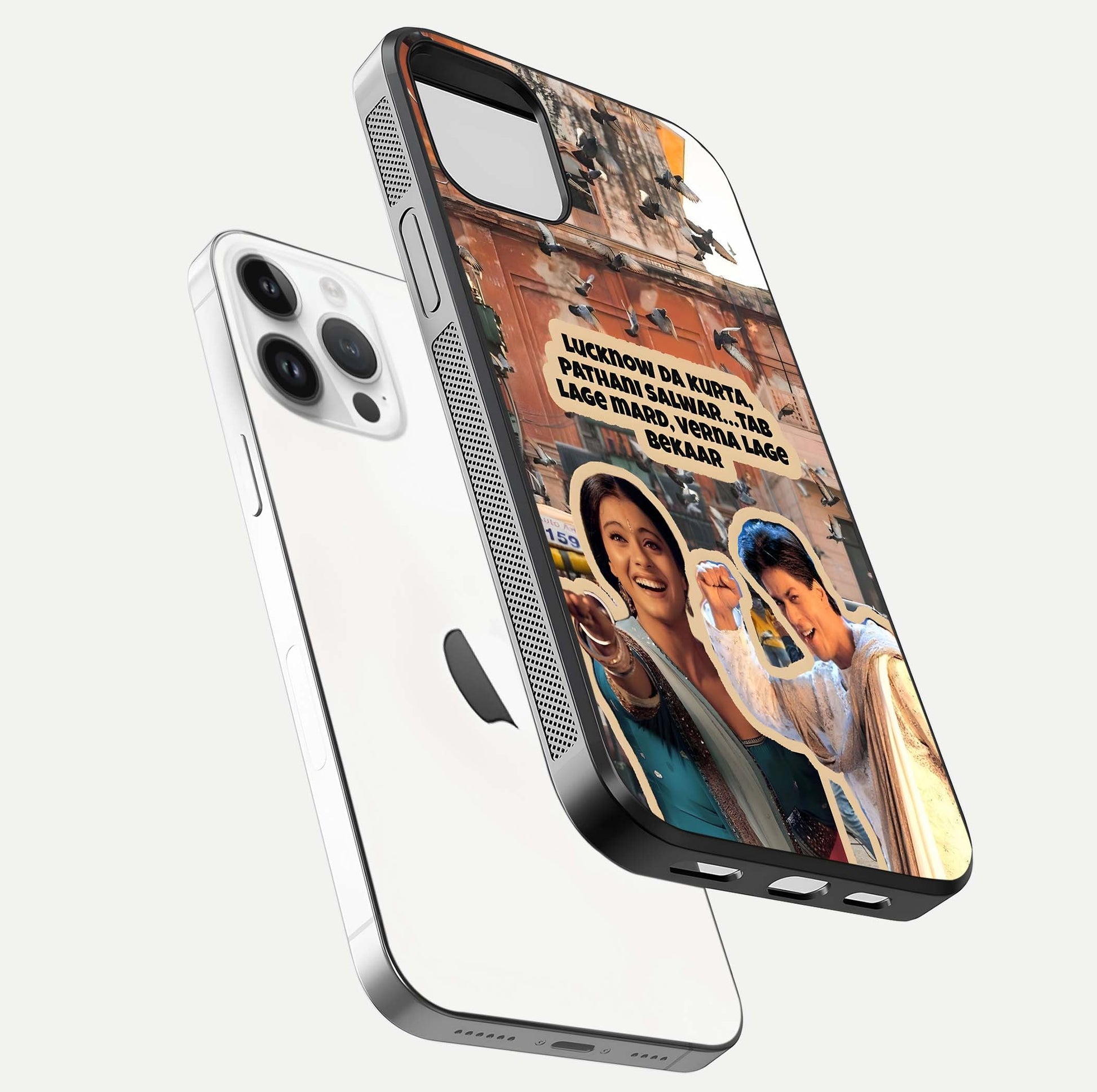 Desi Retro Vibes Glass Case for iPhone 14 Pro floating mockup showing shine polish and vivid tones