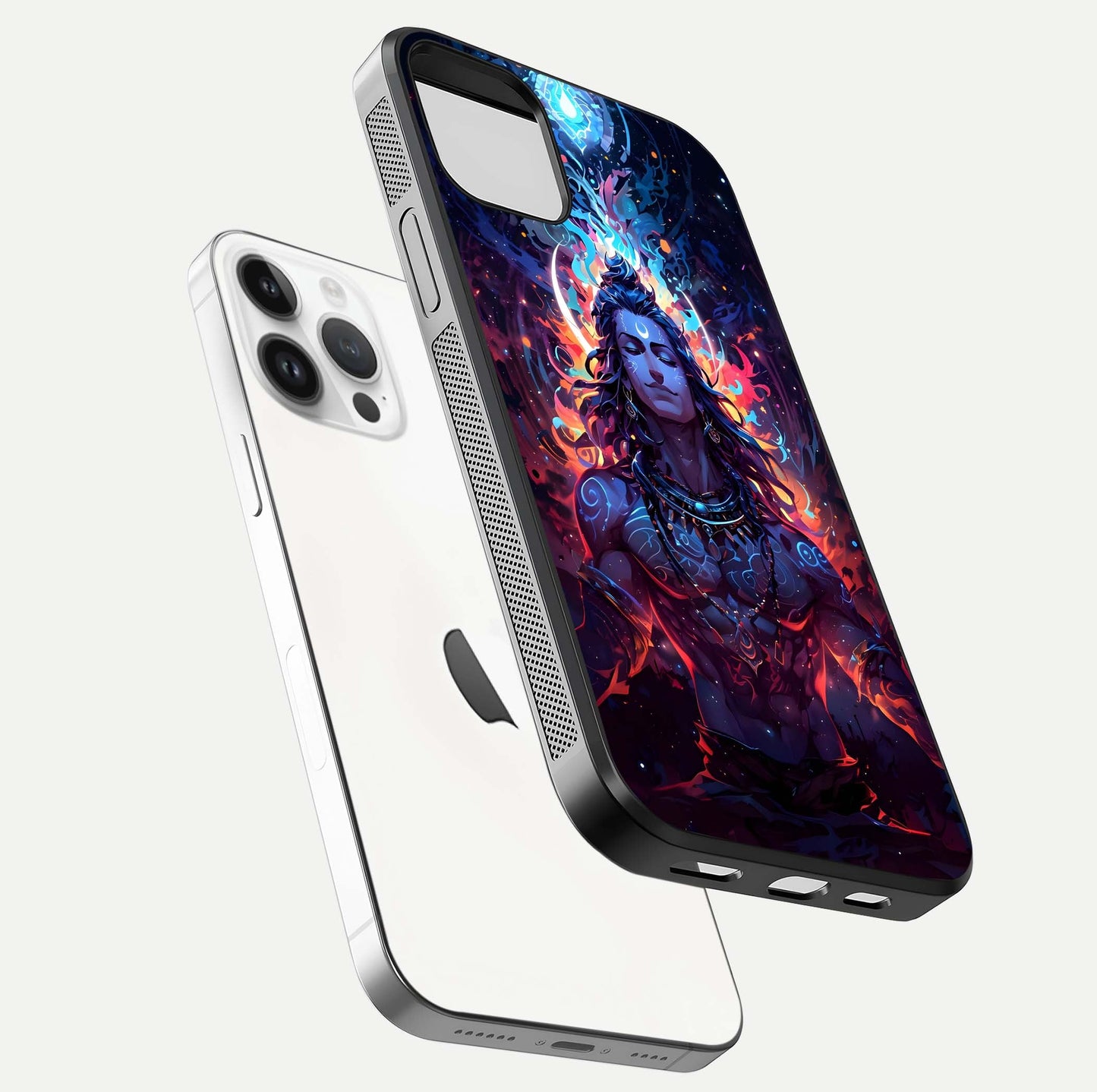 Divine Fire Shiv Glass Case for iPhone 14 Pro floating mockup showing glow texture and gloss finish