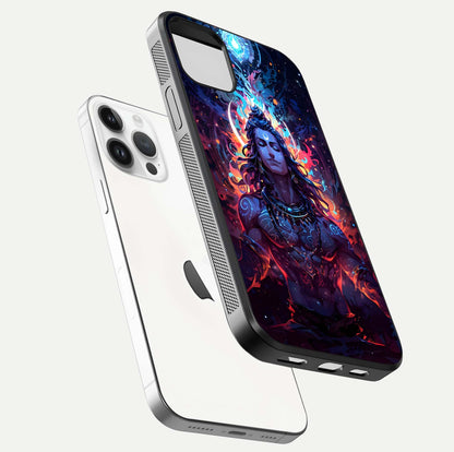 Divine Fire Shiv Glass Case for iPhone 14 Pro floating mockup showing glow texture and gloss finish
